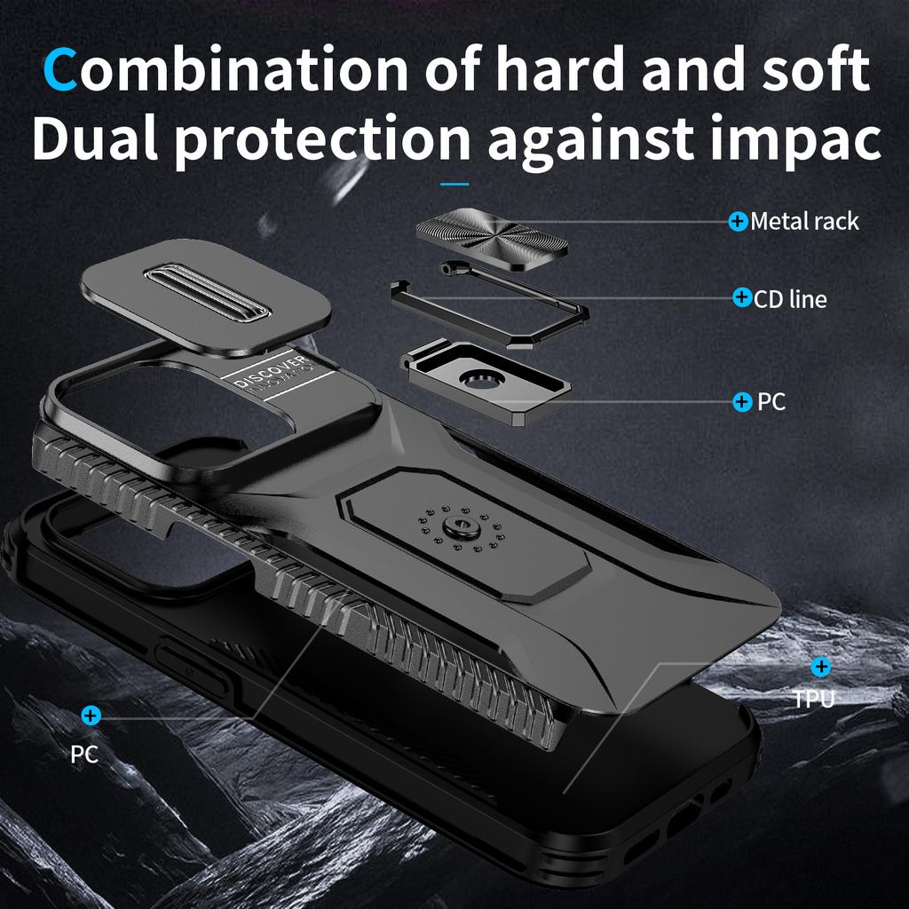 For iPhone 15 Pro Max Case Camshield Kickstand TPU+PC Anti-Slip Phone Cover
