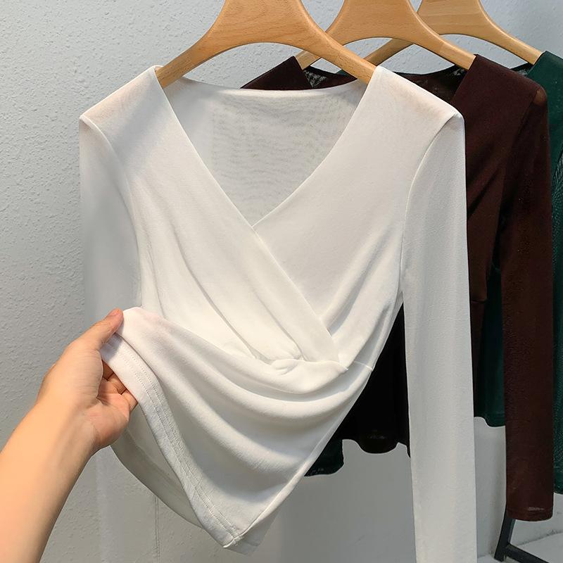 Cross V-neck Mesh Base Shirt for Women In Spring and Autumn New Tight Long-sleeved T-shirt for Women In Women's Unique Waist-hugging Shirt