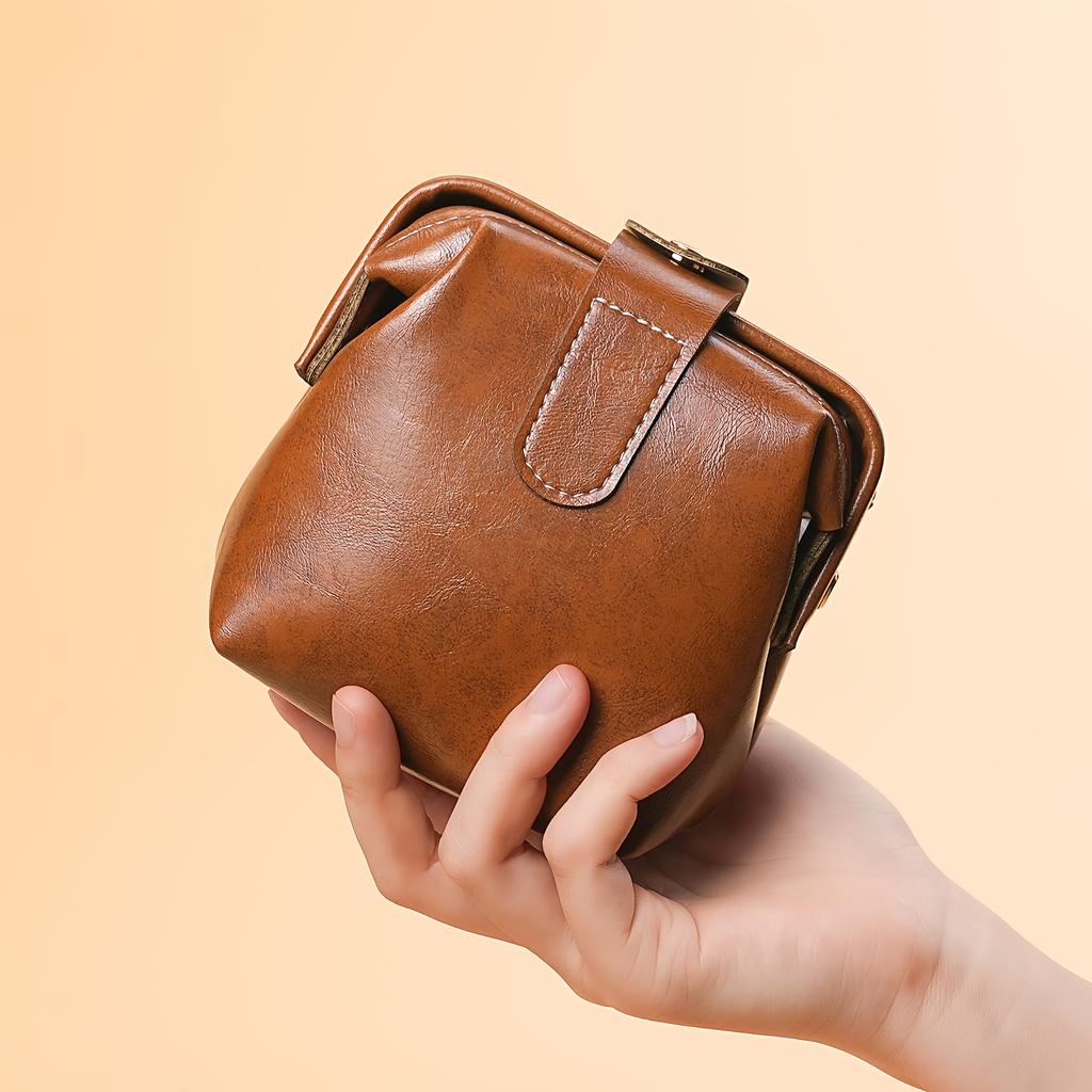 Bolsa de Cosméticos de Cuero PU Vintage Moda Color Sólido Gran Capacidad Billetera para Monedas Botón Caja Organizadora de Maquillaje
