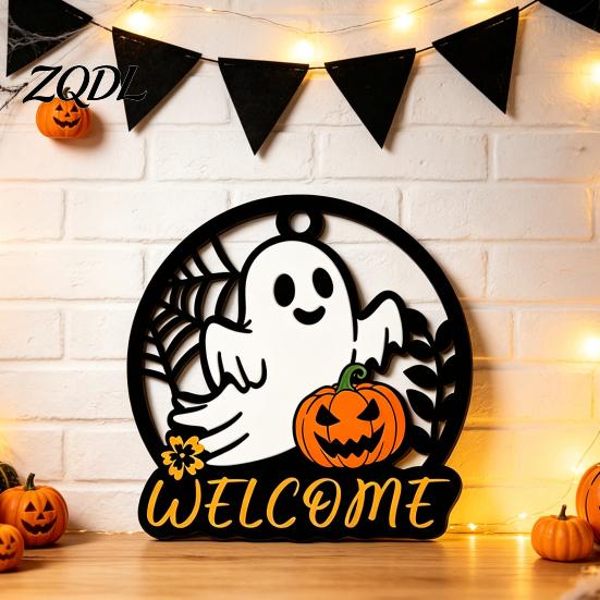 Autumn Seasonal Welcome Decor Halloween Ghost Pumpkin Round Wooden Door Hanger, Wall Plaque Hanging with Rope Rope, for Front Living Room Party