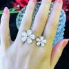 CMM Jewelry Clear White Cubic Zirconia Lovely Open Cuff Adjustable Flower Rings for Women Wedding Bridal Jewellery Accessories