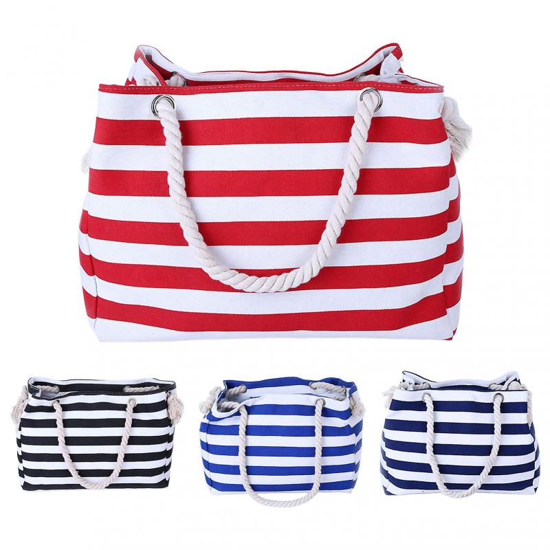 Tote Bag Large Capacity Zipper Closure Strong Load Bearing Striped Pattern Multi-use Storage Portable Foldable Women Beach Bag Travel Supplies