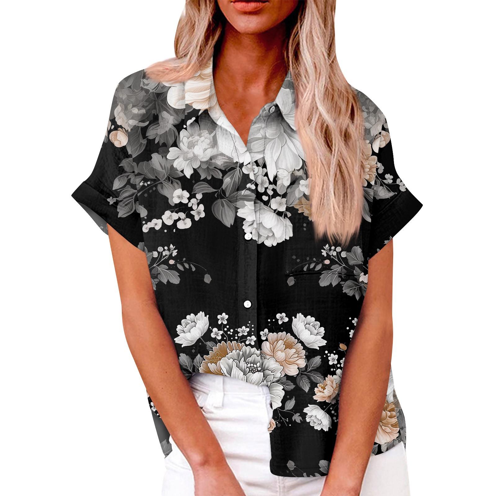 

Женская модная свободная повседневная рубашка с коротким рукавом и отворотом на пуговицах, футболка с принтом, топ L чёрный