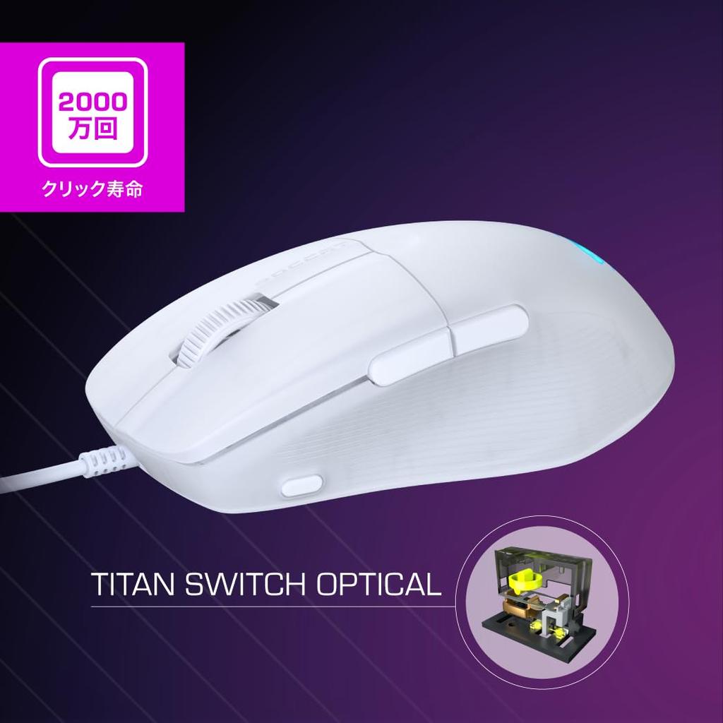 ROCCAT PURE SEL Gaming 8K Side Mechanical PTFE Japanese Distributor Mouse, Ultra-Lightweight 49g, Wired, White, Optical, Resolution, Buttons,
