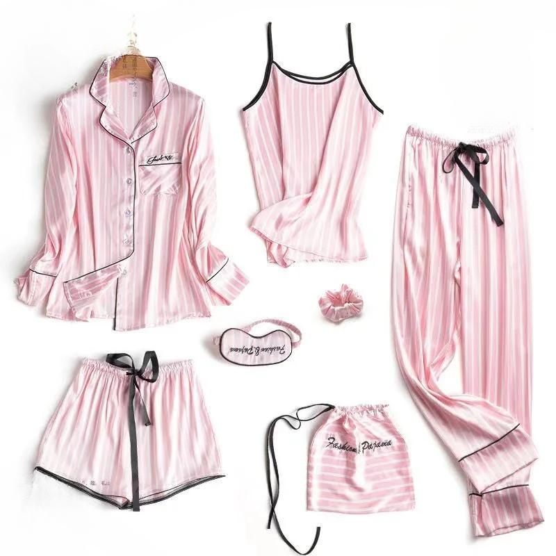 

Пижамы на бретельках, женские, 7 предметов, розовые пижамные комплекты, атласное шелковое нижнее белье, домашняя одежда, пижамы, комплекты пижам для женщин 2XL