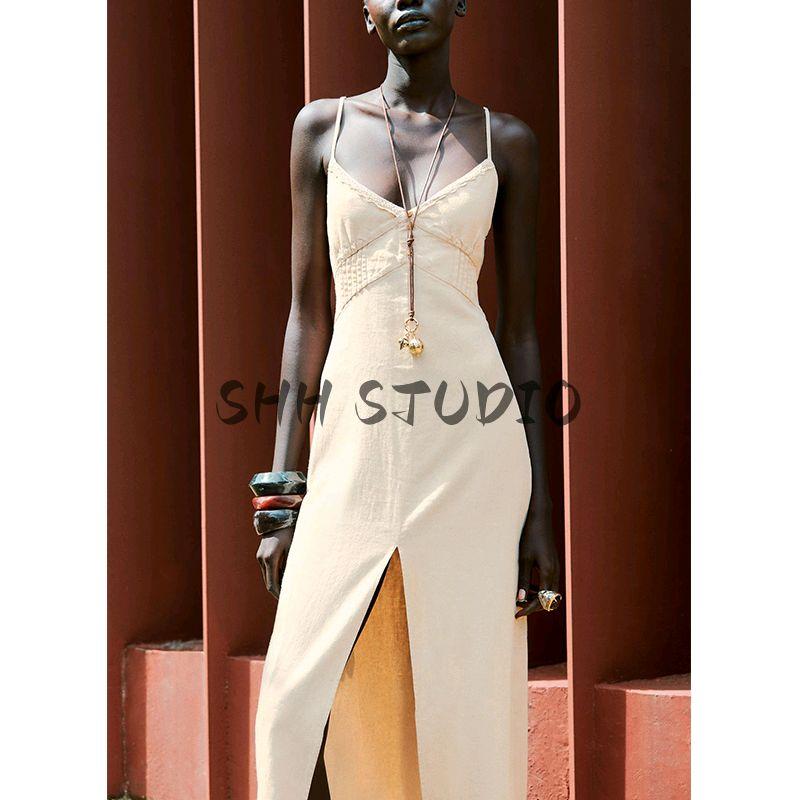Summer New Women Clothes Frill Decoration V-neck Linen Blend Temperament Sling Midi Dress 8372117