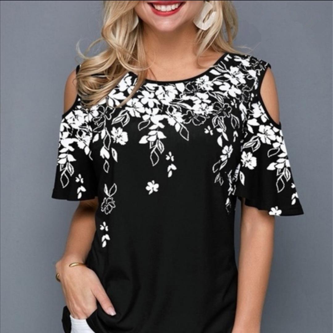 

Женская сексуальная футболка с коротким рукавом с круглым вырезом и цветочным принтом, свободная футболка с открытыми плечами чёрный