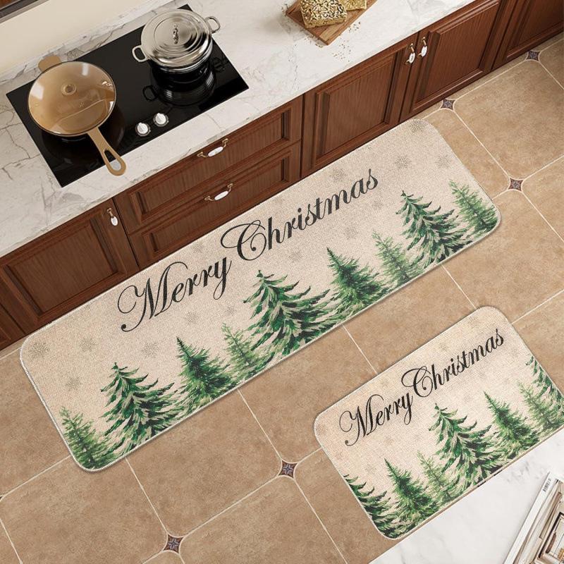 Christmas Velvet Non-Slip Water-Absorbent Floor Mat Set - Easy Clean, Dirt Resistant, Decorative Kitchen Rugs.