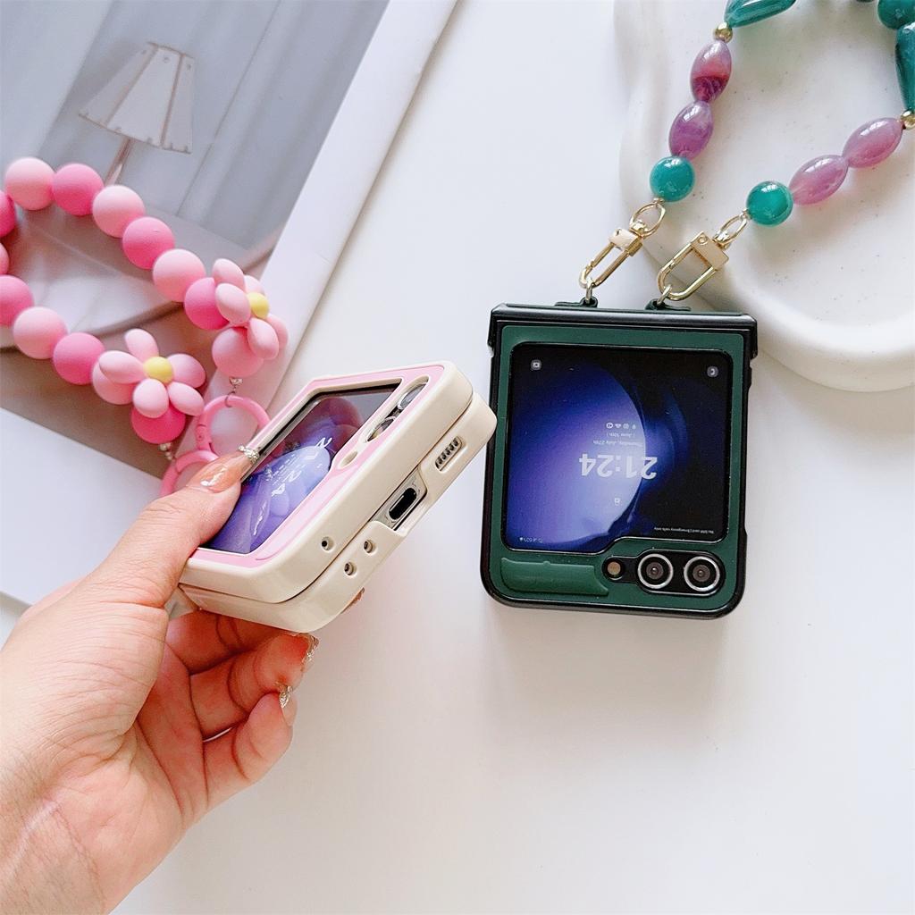 For Samsung Galaxy Z Flip6 5G Case Skin-Touch Leather+PC Phone Cover with Beaded Wrist Strap