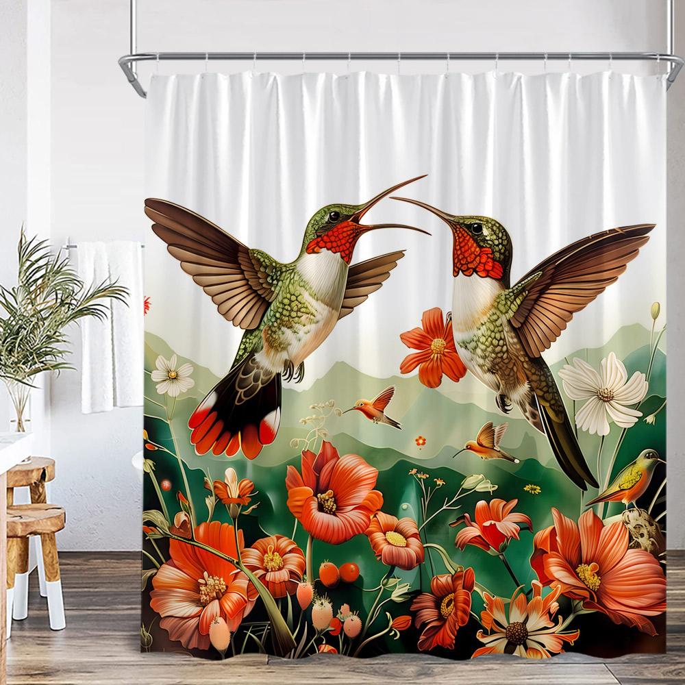 Bird Animal Shower Curtain Huumingbird Flower Floral Plant Classical Bathroom Decor Spring Autumn Polyester Bath Curtain with Ho