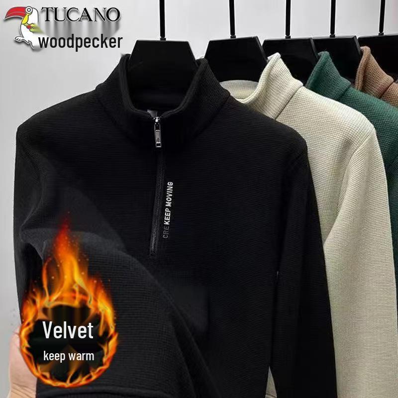 Men's Fleece-Lined Woodpecker Half-Zip Sweatshirt - Winter Casual Long-Sleeve Base Layer