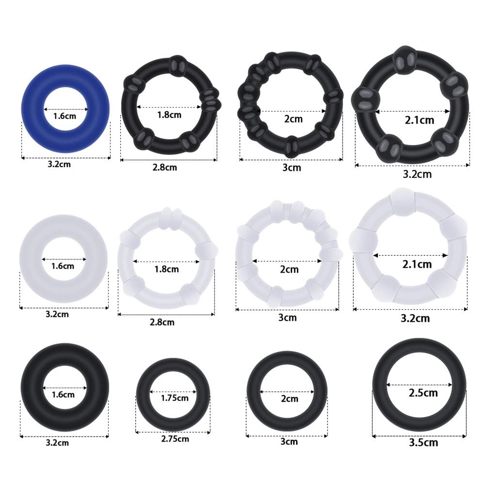 Soxeeh Penis Cock Set of Made of High Penis Stimulation for Men White Ring, Ring, 12, Silicone, Elasticity, Anti-Entrapment, (Black & & Blue)