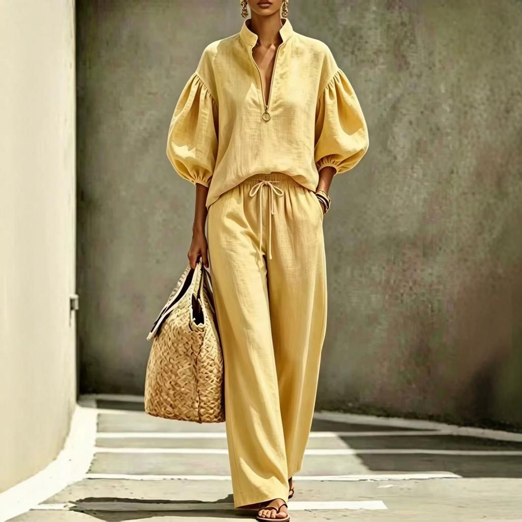 2026 summer new European and American cross-border women's clothing foreign trade casual loose solid color half zipper lantern sleeve women's suit