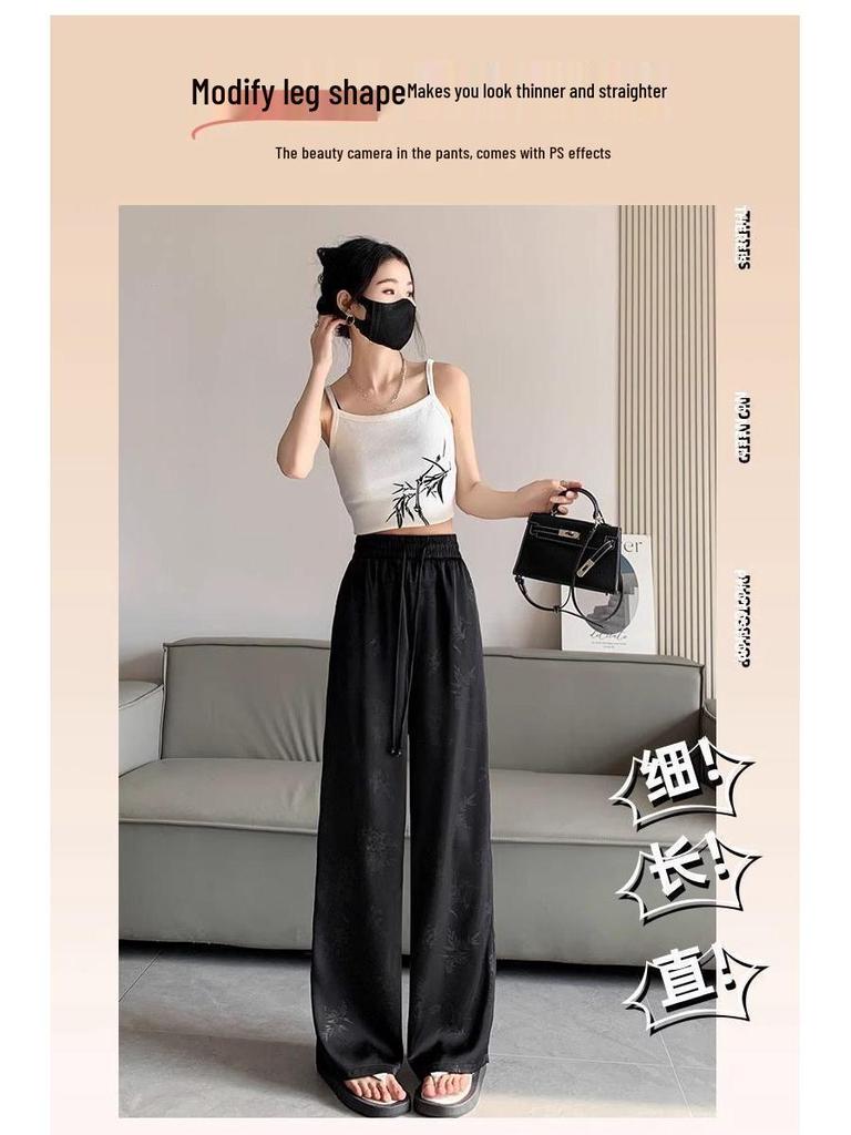 Plus Size Chinese Style Jacquard Wide-Leg Pants for Women, Spring/Summer Ice Silk Loose Fit