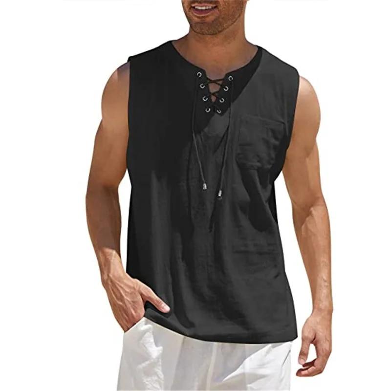 Men's Summer Shirts Casual Leeveless Vest Bandage Lace Up Blouse Retro V Neck Fashion Loose Shirt  Solid Color Clothes