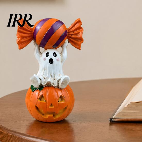Cute Pumpkin Decor Halloween Ghost Figurine, Sitting on Holding Candy Fall Seasonal Accents Statue, Spooky Resin Table Ornament for Indoor Mantle