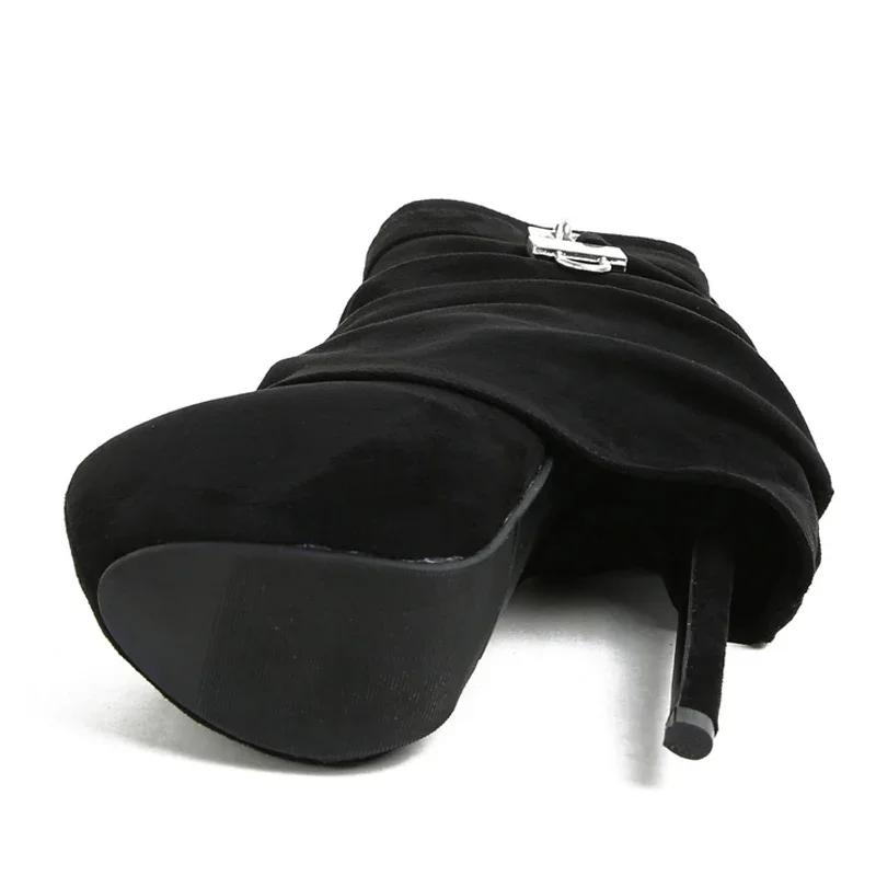 Móda Luxusní Značka Návrhář Plisování Zip Kovová Spona Platforma Kozačky Dámské Černé Kulatá Špička Extrémně Vysoké Podpatky Striptérka Boty na Pole Dance