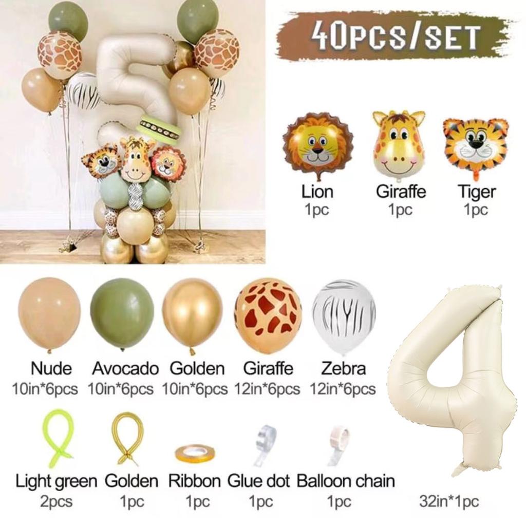 40pcs Jungle Retro Animal Balloon Set Lion Giraffe Balloon 1-9 Birthday Decoration Anniversary Jungle Theme Party Decoration