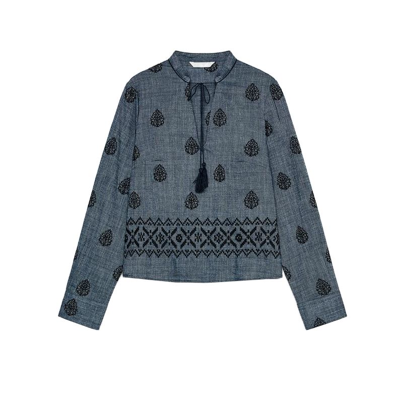 

Cotton Spherical Embroidered round Neck Long sleeve Top 8351021 High Waist Wide Leg Casual Trousers 8351022 Blue Tops L