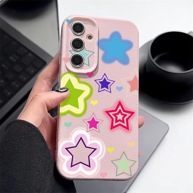 Blended Colorful Stars Pattern Case For Samsung Galaxy S26 Ultra S25 Edge S24 S23 S22 Plus S21 FE Leather Texture Silicone Cover