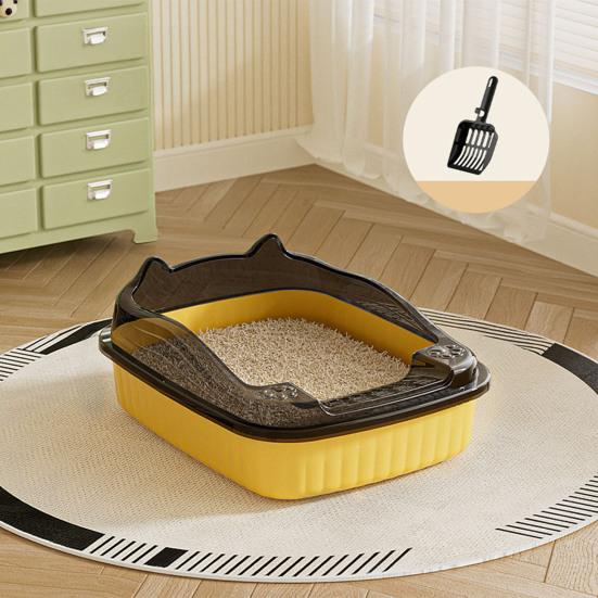 Open Top Cat Litter Box with High Side Anti-Splashing Kitten Litter Pan Semi-Enclosed Cat Toilet with Litter Sifting Scoop
