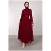 Women's Full Length Belted Floor Ruffle Tulle Hijab Evening Dress