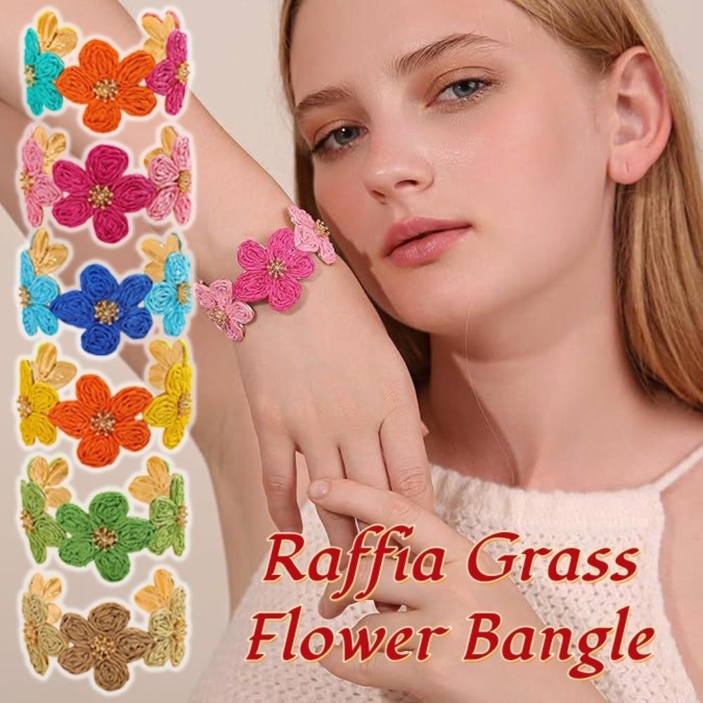 C-shaped Woven Flower Bangle Vintage Hand Ring Retro Raffia Grass Bracelet  Daily
