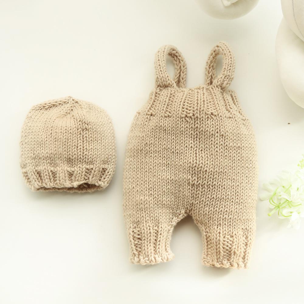 2020 Newborn Photo Props: 2-Color Knit Baby Overalls & Hat Set