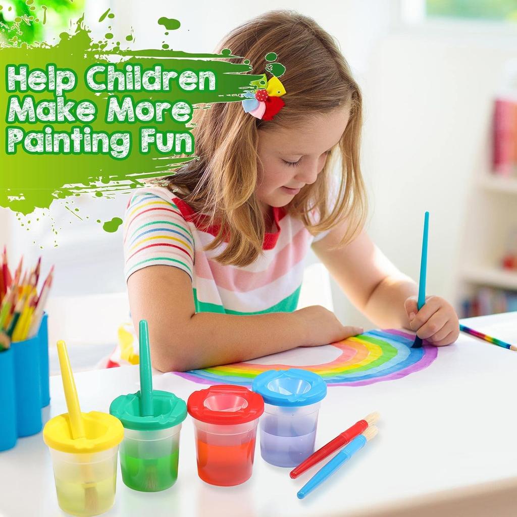 40 Pieces Spill Proof Paint Cups with Paint Brushes for Kids Paint Cups with Lids for Kids Toddler Painting Tools Brushes for Watercolor, Tempera,