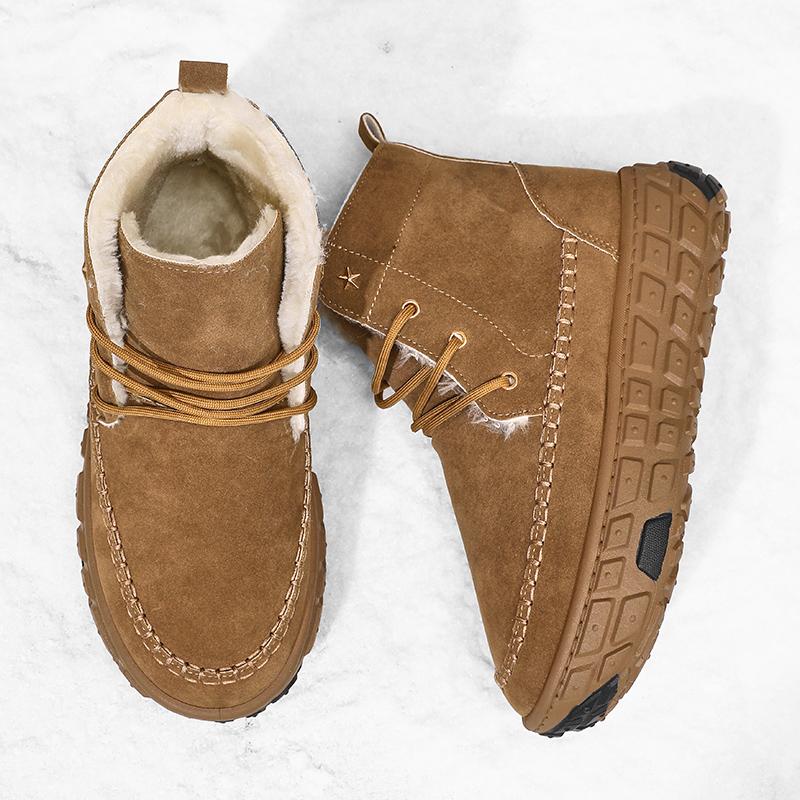 Fashion Golden Sapling High Quality Winter Warm Plush Shoes for Men Outdoor Leisure Flock Leather Snow Boots Lace-up Fashion Ankle Boot