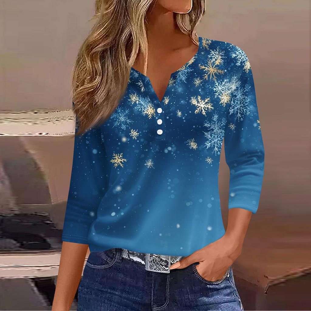 Women's Fashion Casual Christmas Tree Print V-Neck Decorative Button Three-Quarter Sleeve T-Shirt Top