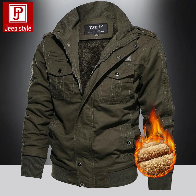 Men's Plus Velvet Thickened Cotton Jacket - Stand Collar, Washable, Large Sizes, for Autumn and Winter.
