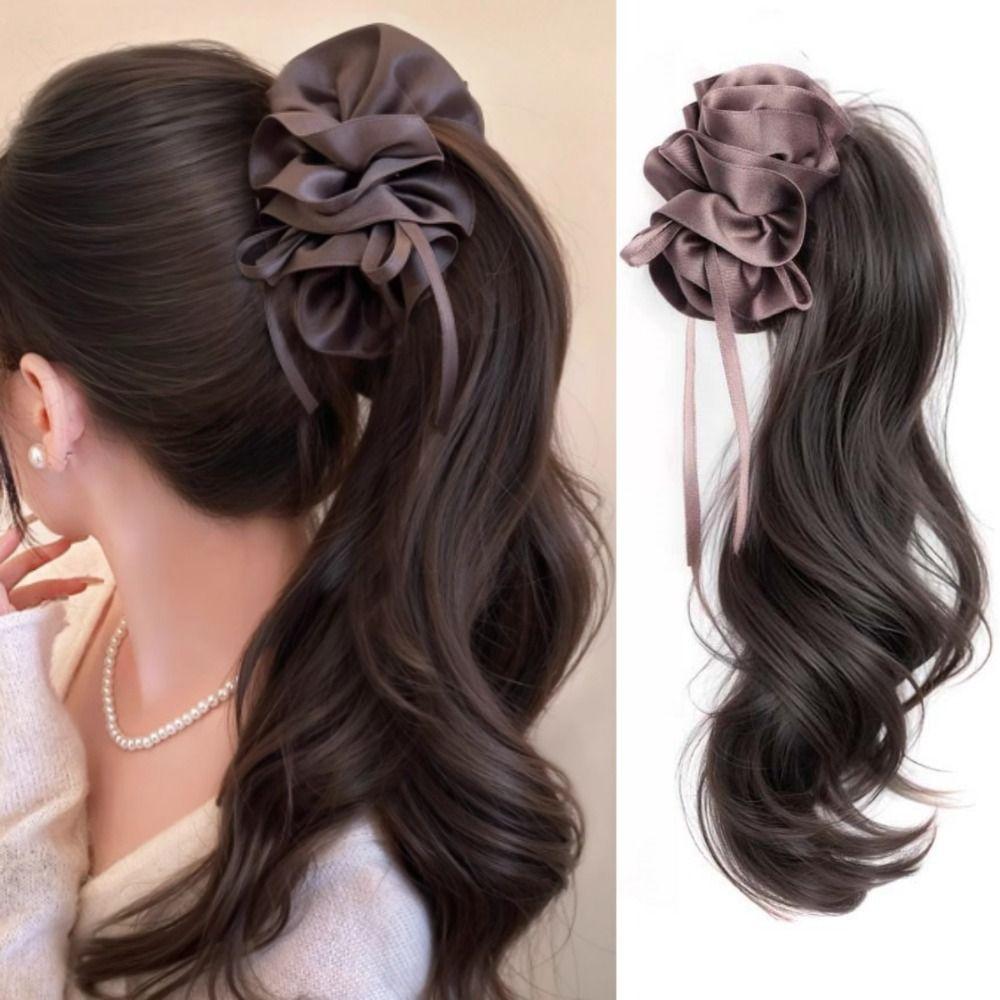 Synthetic Ribbon Banana Clip Ponytail Pleated Bow Pony Tail Hair piece  for Women