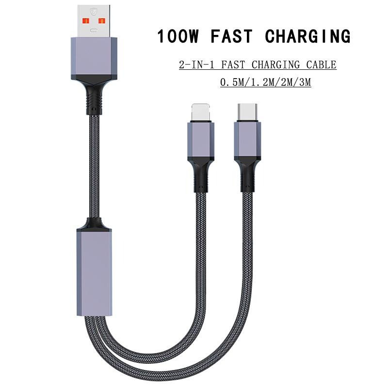 Professional Factory 100W Fast Charger Cable 0.5/1.2/2/3 Meters 2-in-1 Type-C/USB Data Transfer for iPhone Smartphone Laptop