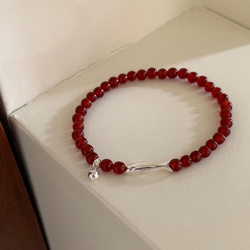 Korean INS Style Handmade Plated Copper Red Agate Fish Charm Bracelet Women Minimalist Layering Jewelry