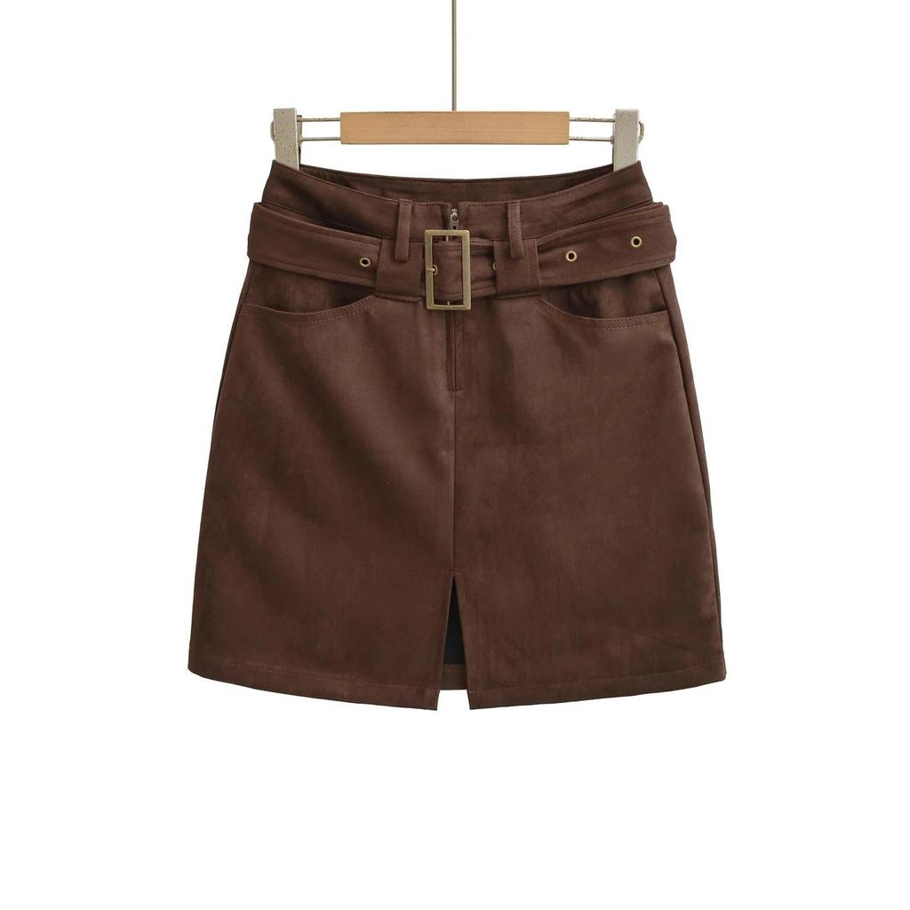 Women's Suede Plush Belted Pencil Skirt - Autumn/Winter Collection