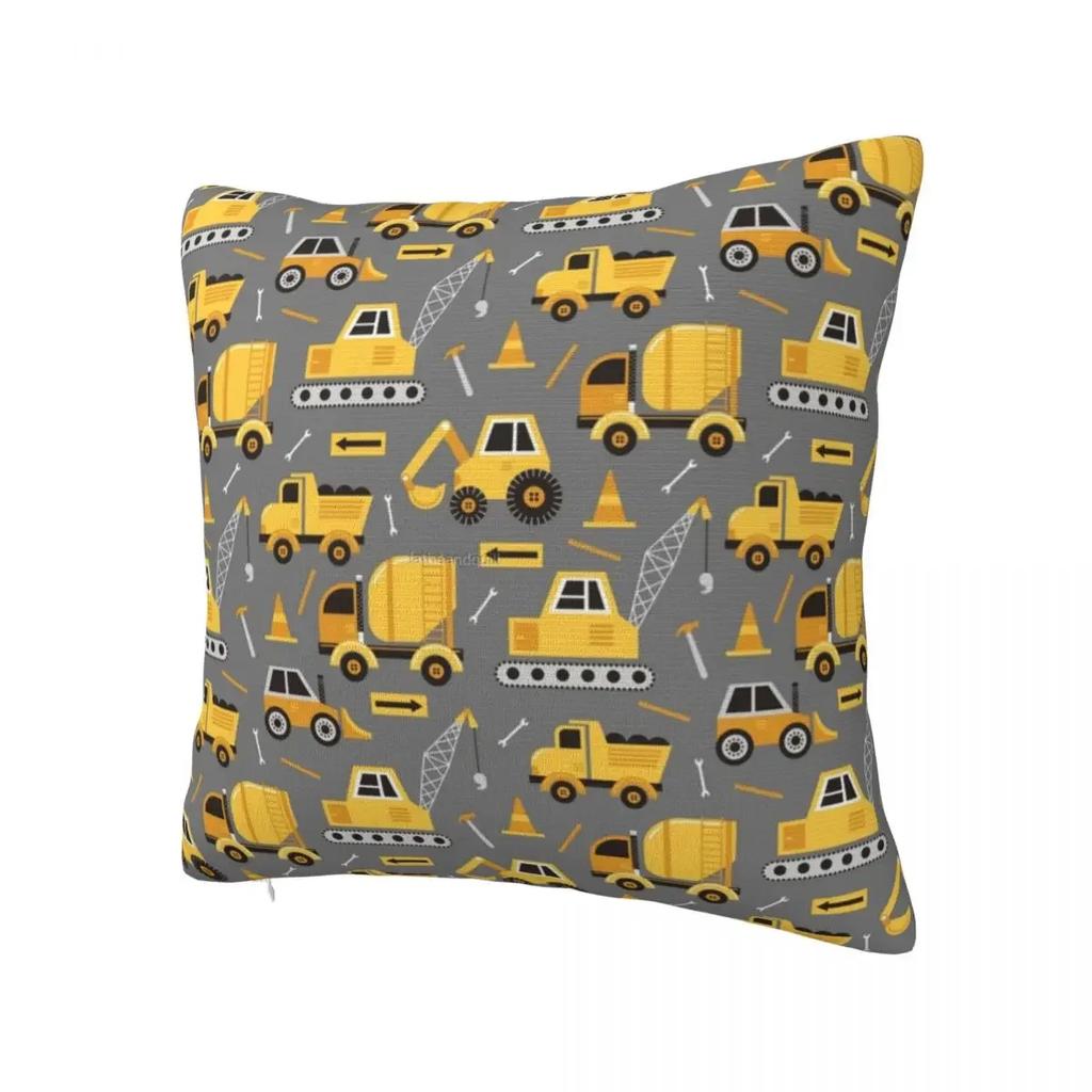 Construction Trucks On Gray Pillowcase Printing Polyester Cushion Cover Gift Cartoon Excavator Anime Throw Pillow Case 45cm 18In