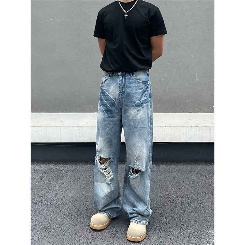 American spring and summer new retro ripped washed blue jeans men's street loose straight casual long pants