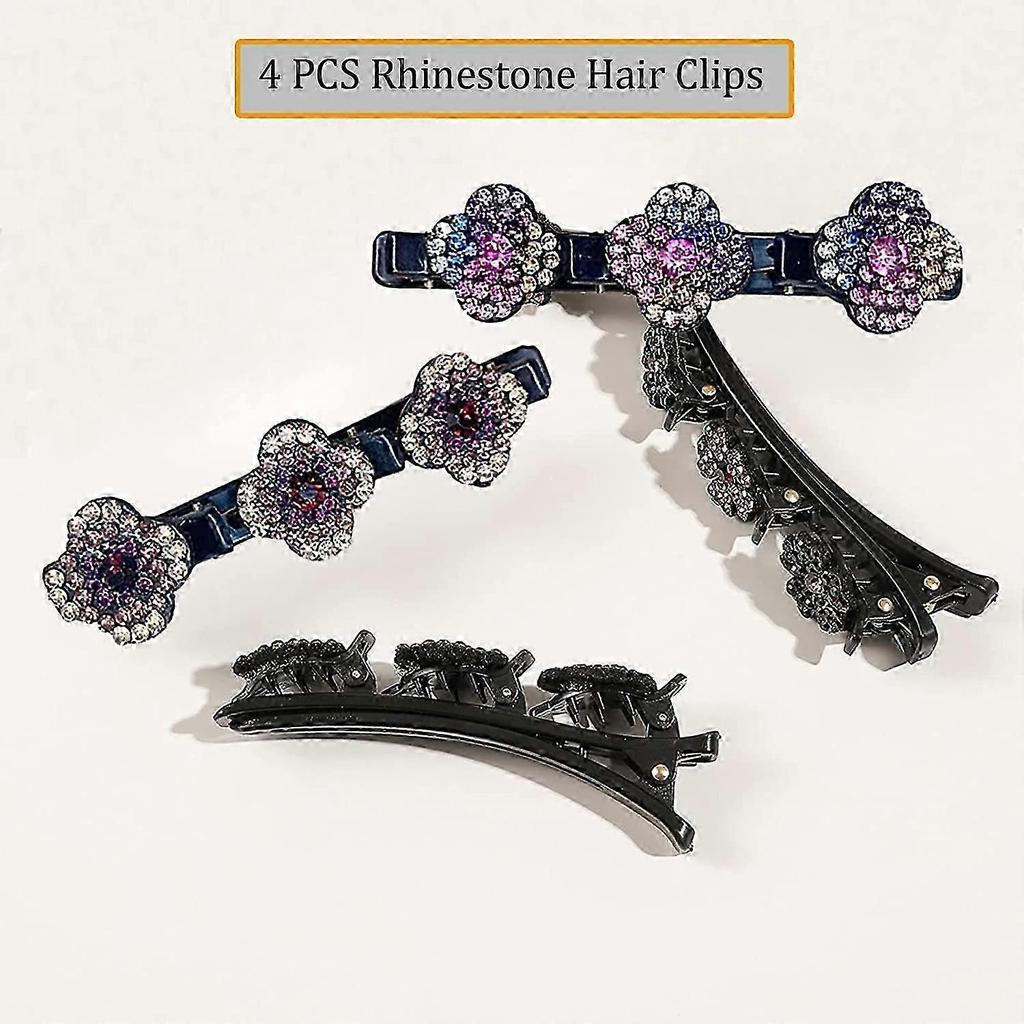 4PCS Sparkling Crystal Stone Braided Hair Clips, Four-Leaf Clover Chopped Hairpin Duckbill Clip with 3 Small Clips, Braided Hair Clip with Rhinestones