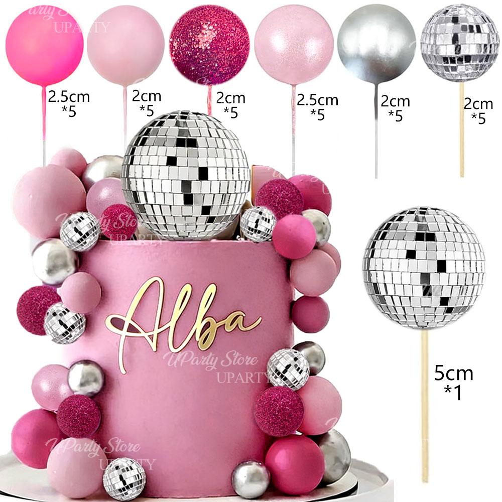 31pcs Disco Balls Cake Toppers Pearl Glitter Pink Cake Balls Mirror Disco Balls Cake Decoration for Birthday Wedding Party Decor 5