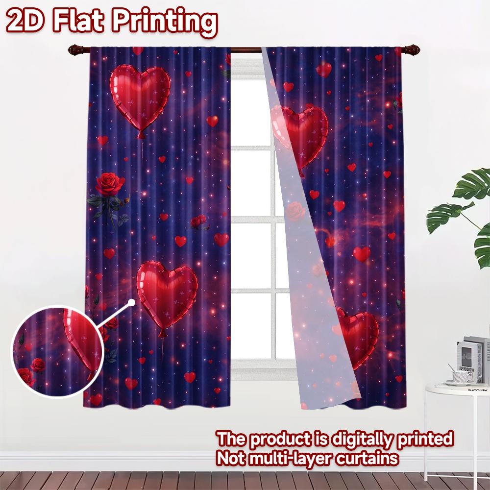 2D Flat Printing 2pcs Curtain Drapes Valentine's Day Hearts Digital Printed Polyester Drapes Seasonal Party & Holiday Decor for