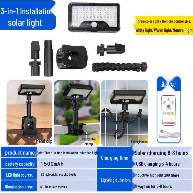 Solar-Powered Dual-User Clip-on Outdoor Wall Lamp with Remote Control