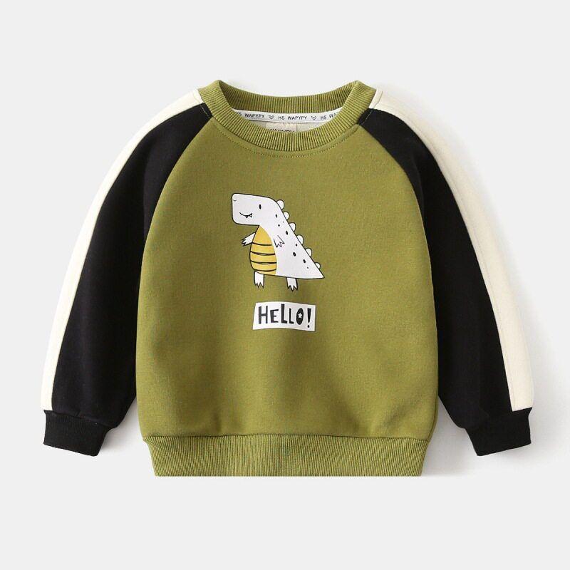 Kids Patchwork Sleeve Brushed Hoody Autumn and Winter Boys Thickened Dinosaur Pullover Tops Baby Raglan Sleeve Clothes Green color block 100