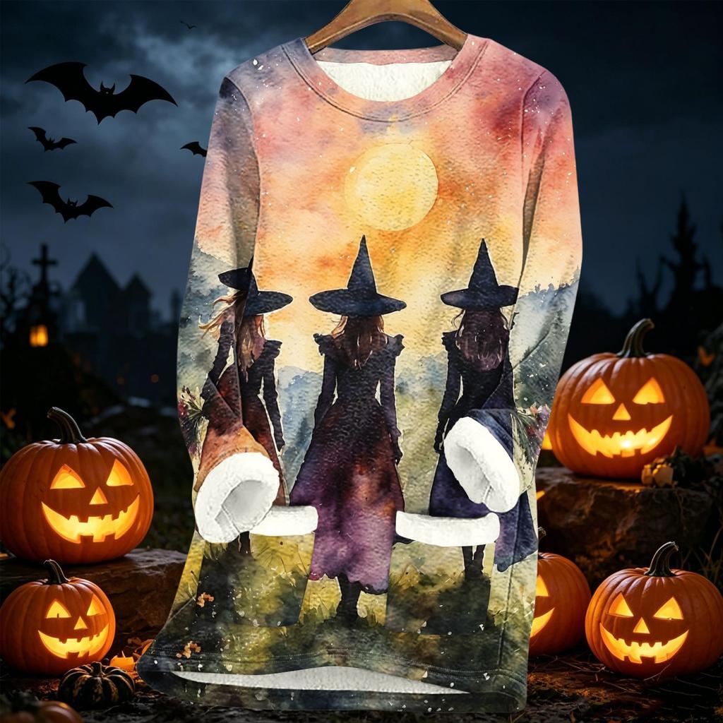 Women's Halloween Print Thick -Lined Lambswool Long Tunic Top for Fall and Winter