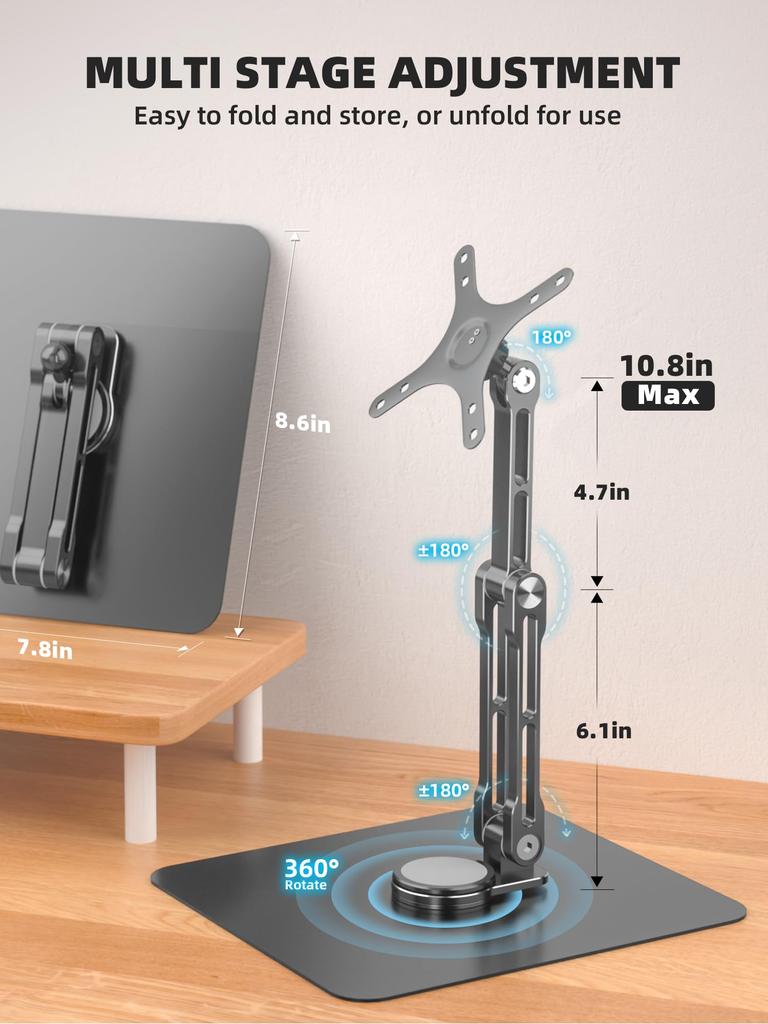 Mobile Monitor Stand VESA 100x100 75x75mm Height Adjustment Large Base Stable Compatible with 17 18 Inch Portable Monitor 17.3 18.5