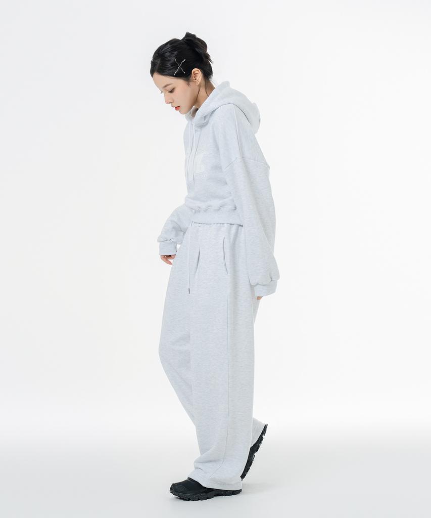 MOZMOZ Soft Terry Single-Pleat Wide String Training Pants White Melange