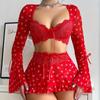 European & American Sexy Red Heart Lingerie Set: Sheer Bra, Short Skirt & Thong