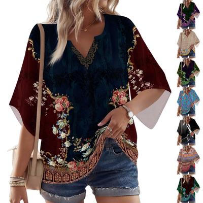 Women's 3/4 Sleeve V Floral Shirt Casual Loose Tunic Top