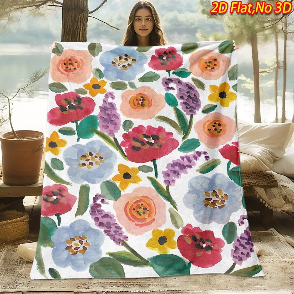 1pc 2D Flat Printing Spring And Summer New Arrival Colorful Floral Theme Digital Print Blanket, All-Season Use, Casual Throw, 100% Polyester Fiber Sof