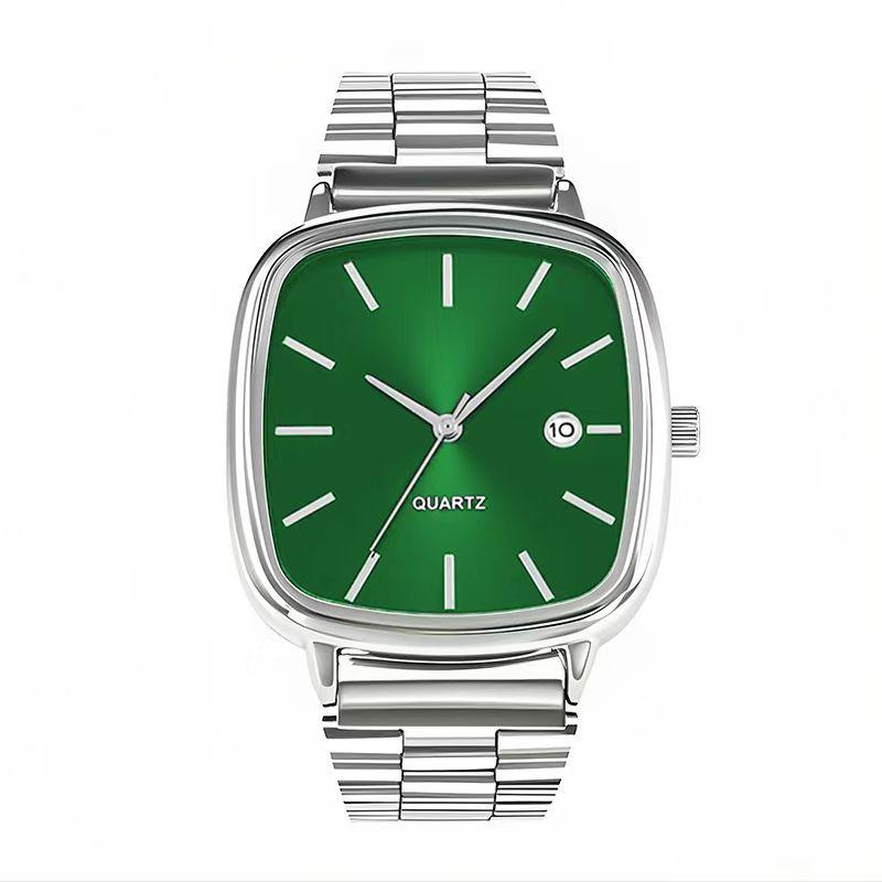 High-End Retro Silver Small Square Steel Band Watch with Calendar, Gold Brick Quartz Movement for Men and Women